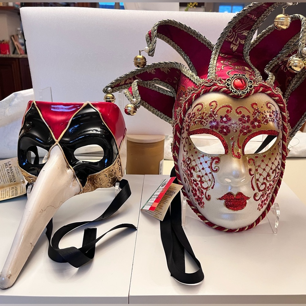 Hand painted Venetian Italian Red and Gold Masquerade Masks Jester and long nose